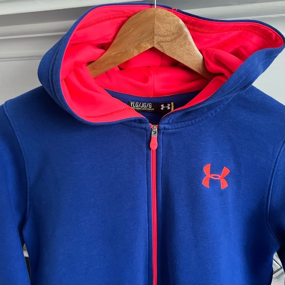 SPRING Girls UNDER ARMOUR UA Royal Blue & Neon Pink ZIP HOODIE JACKET YLG - Picture 2 of 10